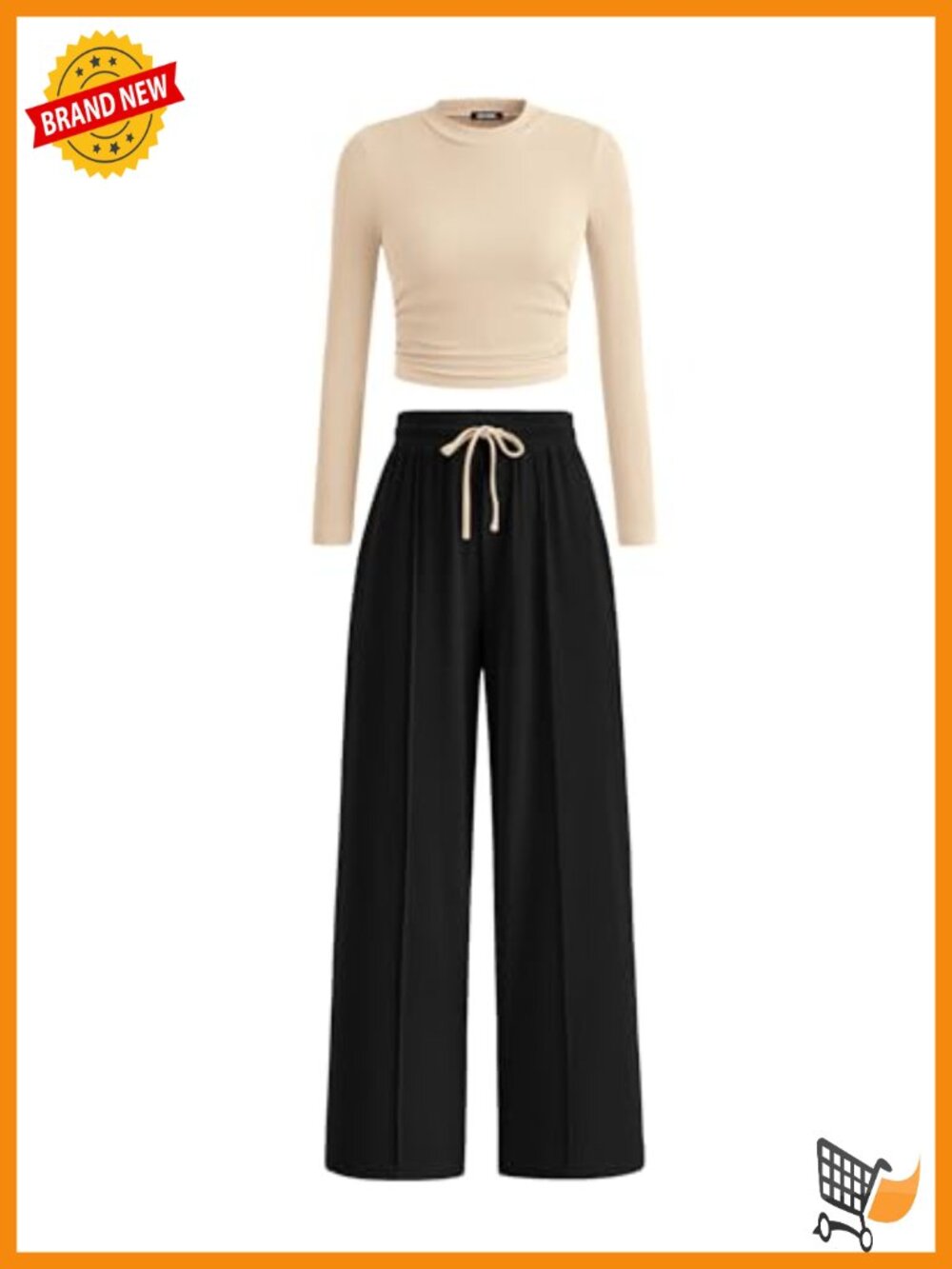 Ribbed Knit Two Piece Set Crewneck Crop Top Wide Leg Pants